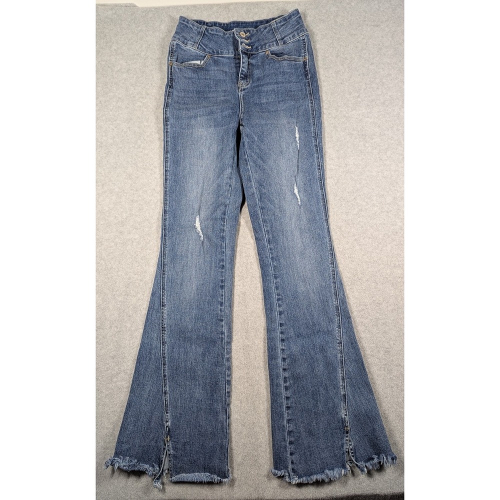 Kancan Women Jeans 27x33 Mirandaβ Ultra High Rise Flare Distress Raw Hems
